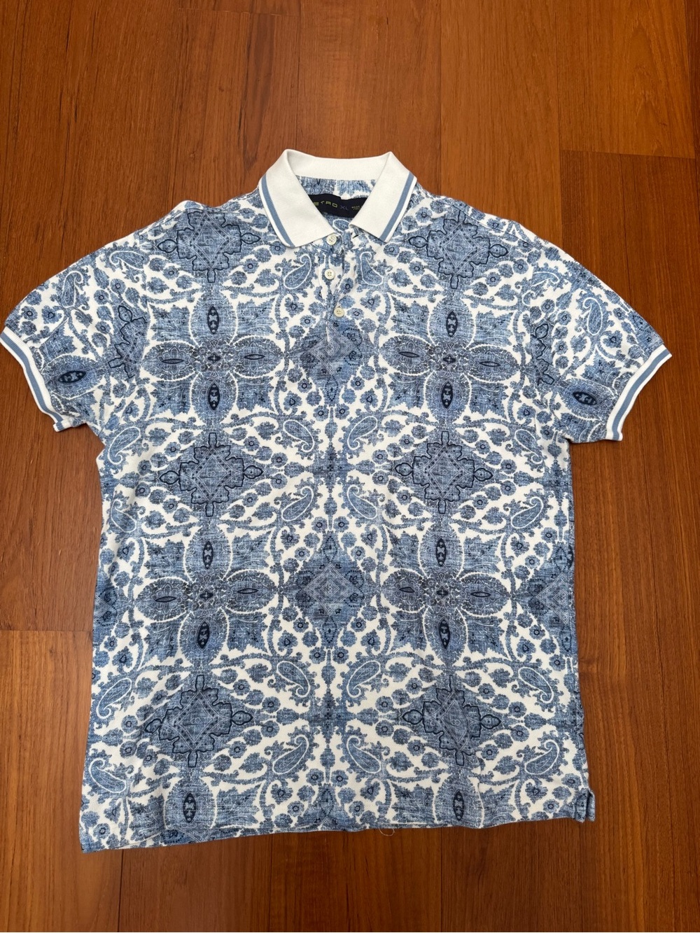 Etro White and Blue Paisley Mosaic Polo